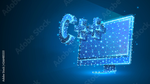 C plus coding language on computer monitor screen. Device, programming, developing concept. Abstract, digital, wireframe, low poly mesh, vector blue neon 3d illustration. Triangle, line, dot