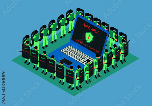 The laptop is protected by antivirus. Around the computer are people in uniform and protect against viruses, in isometric. 