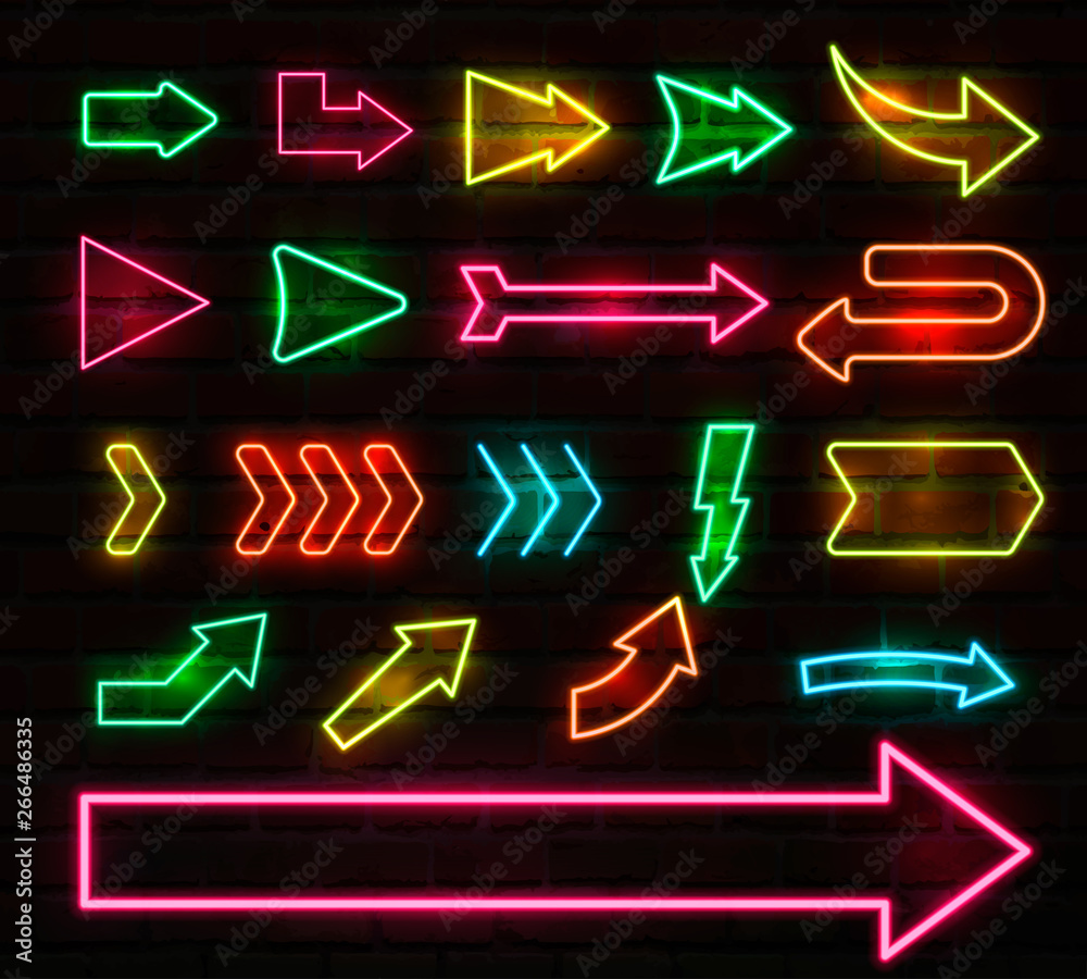 Colorful neon arrows and pointers set. Vector illustration.