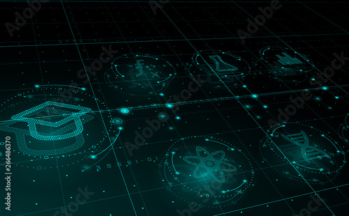 HUD science icons in circles, e-Learning technology concept. Vector