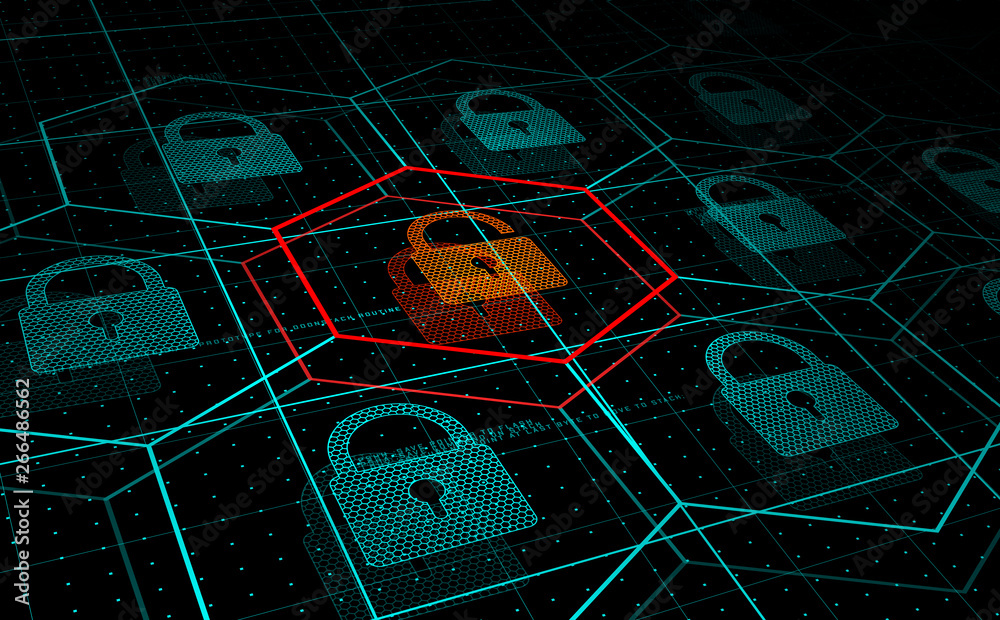 Cyber attack, system under threat, DDoS attack. Camera flies frough HUD blue hexagons and padlocks, but one of them hacked. Cyber security and hacking concept. Vector illustration.