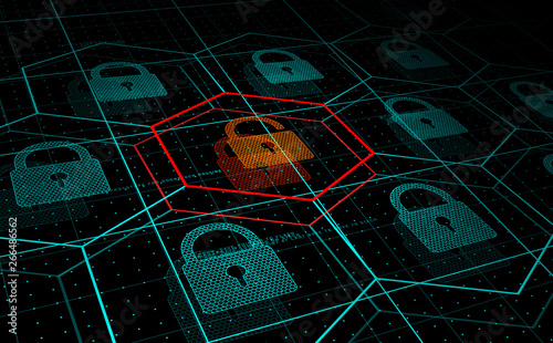 Obraz na płótnie Cyber attack, system under threat, DDoS attack. Camera flies frough HUD blue hexagons and padlocks, but one of them hacked. Cyber security and hacking concept. Vector illustration. w salonie