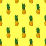 Pineapple seamless pattern, vector. Yellow background.