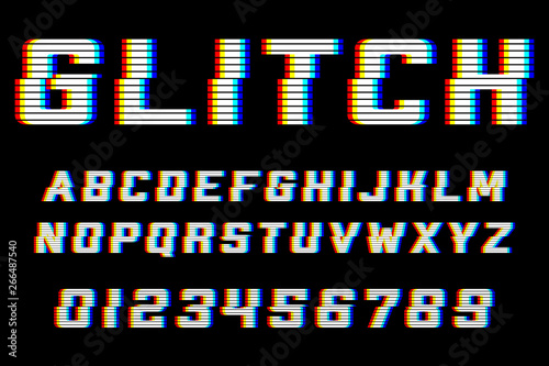 Glitch alphabet. Font with distortion effect.  Letters and numbers for electronics sale. Glitch effect. Green and red channels.