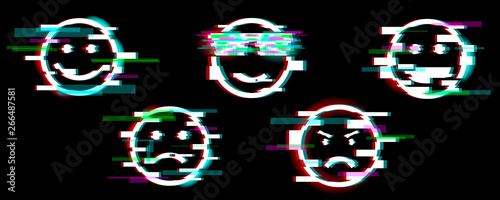 Glitch Emoji icons. Set of smile with different emotions: fun, sad, cool, angry, laugh. Glitch effect. Design element for banner, flyer, greeting card. Vector.