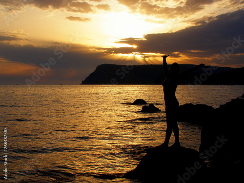girl silhouette on sea sunset background