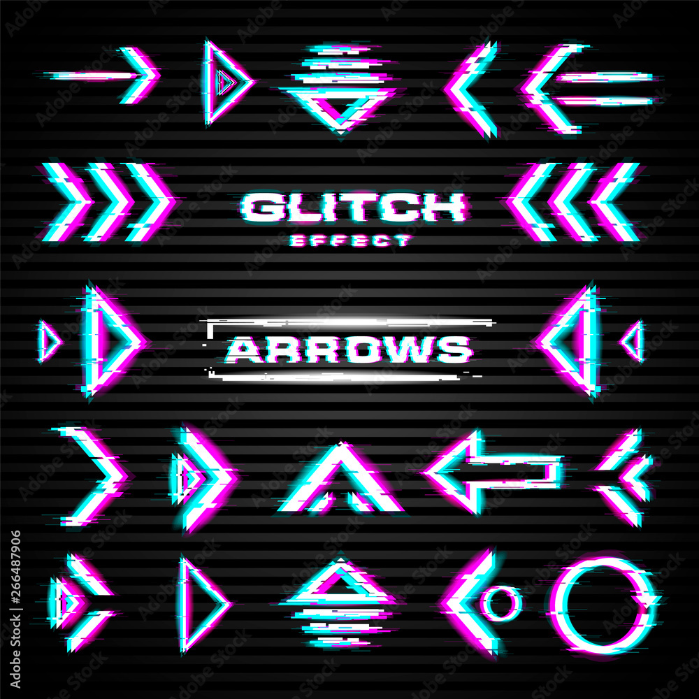 Set of glitch arrows, pointers, direction. Glitch design elements. Tech, science and hacker theme. Vector.
