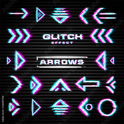Set of glitch arrows, pointers, direction. Glitch design elements. Tech, science and hacker theme. Vector.