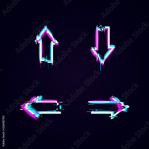 Glitch arrows, pointers, direction set. Glitch effect futuristic style