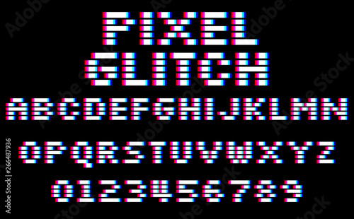 Glitch pixel font. Set of 8 bit style latin capital letters and numbers