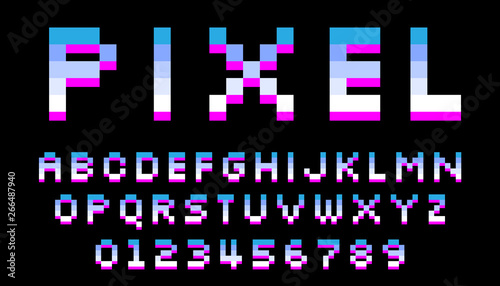 Pixel font. 8 bit letters and numbers. Typeface for title or headline design poster, game, website or print. Vector. photo