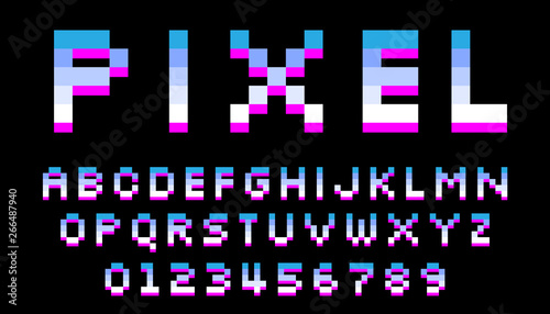 Pixel font. 8 bit letters and numbers. Typeface for title or headline design poster, game, website or print. Vector.