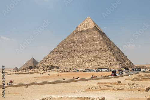 Giza  Egypt - April 19  2019  The Pyramid of Khafre and the Pyramid of Menkaure at Giza