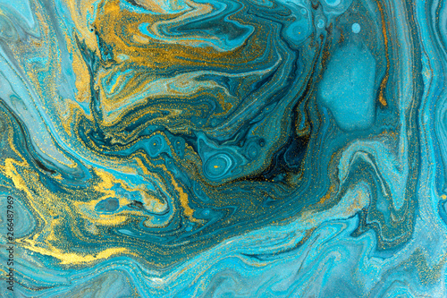 Blue marbling pattern. Golden marble liquid texture.