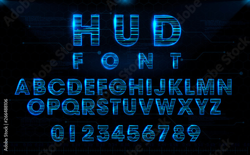 Obraz na płótnie Futuristic HUD blue vector font design. English letters and numbers with hologram effect. Digital hi-tech style symbols. Typography design for headlines, labels, posters, cover, etc. w salonie