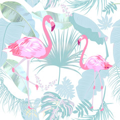 Fototapete Flamingomuster Flamingos Monstera und Palmenblüten Muster  © Artlu