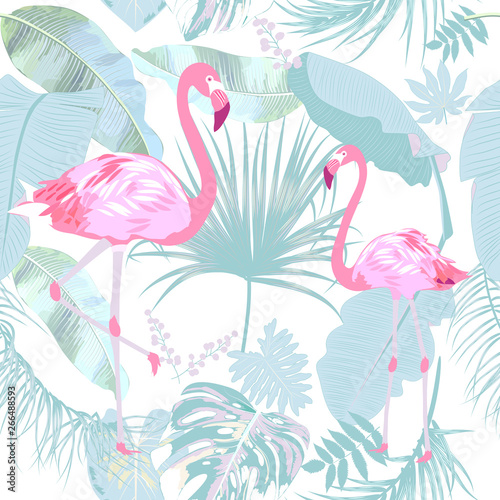 Seamless pattern of flamingo, leaves monstera. Tropical leaves of palm tree and flowers.