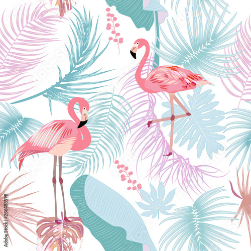 Seamless pattern of flamingo, leaves monstera. Tropical leaves of palm tree and flowers.