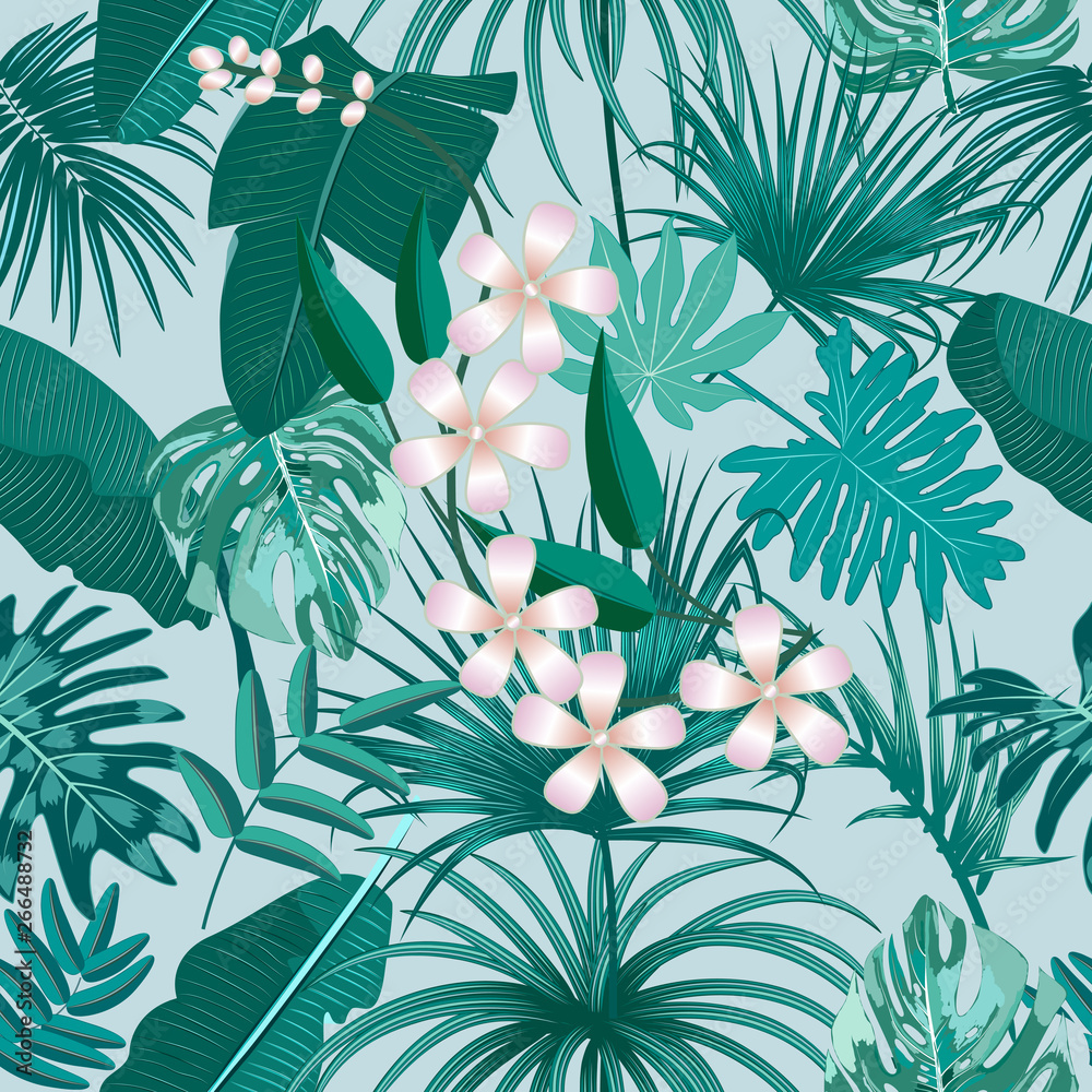 Vector tropical seamless pattern in Quetzal Green colors.