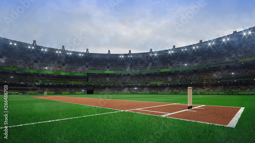 Grand cricket stadium with wooden wickets diagonal view in daylight