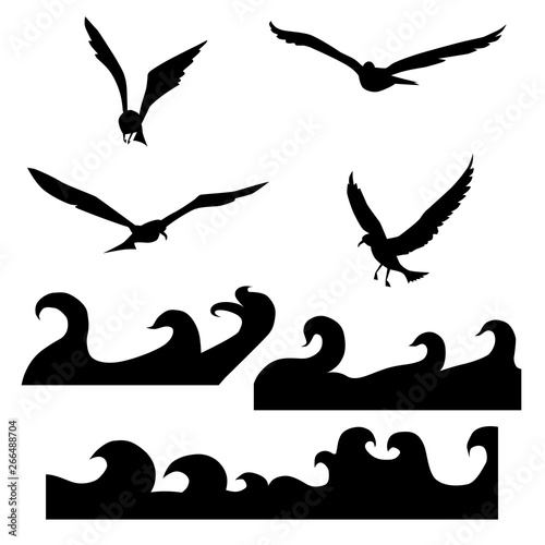 Silhouettes of seagulls and waves. Vector illustration set. Isolated black objects on white background. photo