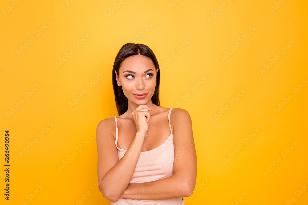 Close up photo beautiful amazing she her lady look empty space tricky arm chin allure plump ideal tempting lips wear casual pastel tank-top outfit clothes isolated yellow bright vibrant background