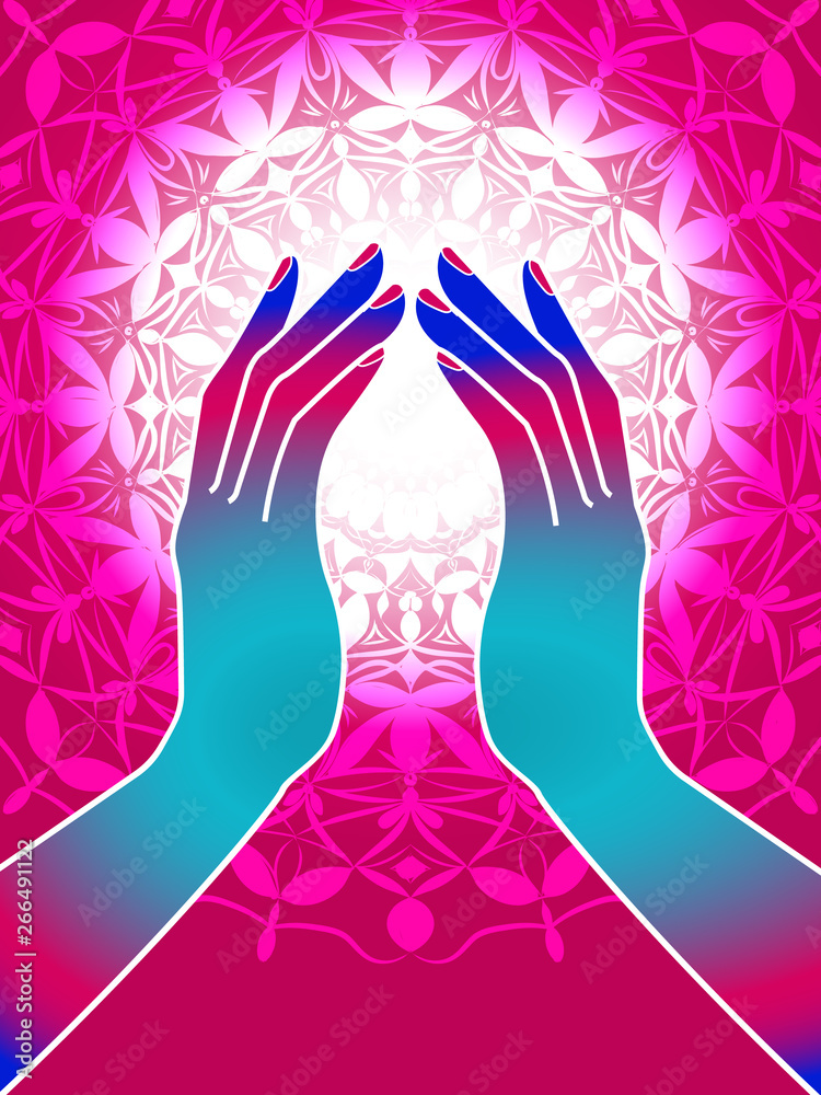 bright card with the image of hands folded in prayer on the background of openwork ornament bright card with the image of hands folded in prayer on the background of openwork ornament
