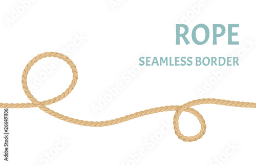 Rope seamless border. Twisted jute cord with loops isolated on white background. Vector illustration of cord swirl in cartoon flat simple style. Graphic decorative element for design.