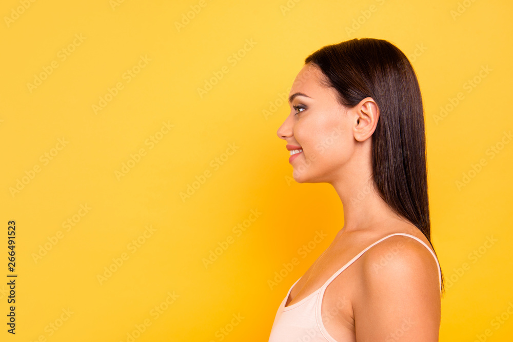 Close up side profile photo beautiful amazing she her lady look empty space listen attentively toothy ideal appearance wear casual pastel tank-top outfit clothes isolated yellow bright background Close up side profile photo beautiful amazing she her lady look empty space listen attentively toothy ideal appearance wear casual pastel tank-top outfit clothes isolated yellow bright background