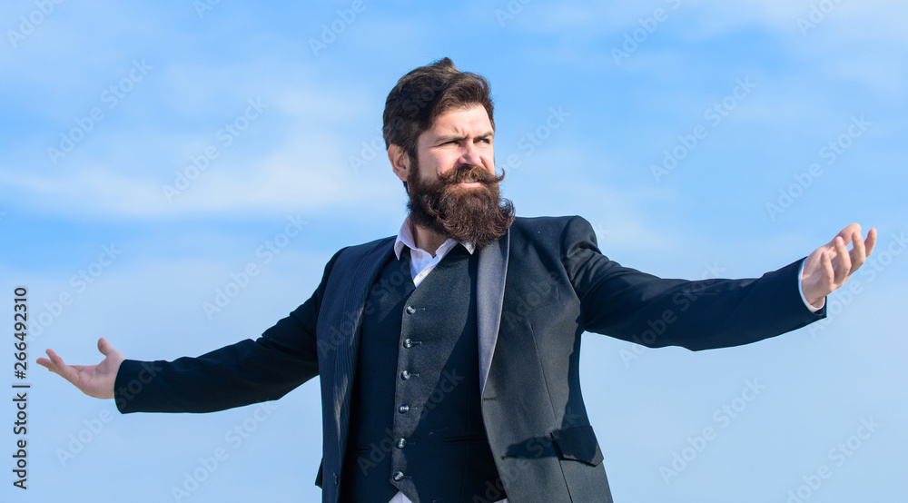 Man bearded proud himself sky background. Superiority and power. Feeling undefeated. Proud of himself. Self proud and narcissistic. Hipster bearded attractive enjoy freedom. Guy enjoy top achievement Man bearded proud himself sky background. Superiority and power. Feeling undefeated. Proud of himself. Self proud and narcissistic. Hipster bearded attractive enjoy freedom. Guy enjoy top achievement