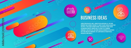 Header banner. Online delivery, Calendar and Hammer tool icons simple set. Support service, Update data and Wifi signs. Parcel tracking website, Calculator device. Business set. Vector