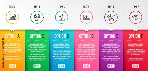Online delivery, Calendar and Hammer tool icons simple set. Support service, Update data and Wifi signs. Parcel tracking website, Calculator device. Business set. Infographic template. Vector