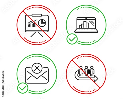 Do or Stop. Graph laptop, Presentation and Reject mail icons simple set. Queue sign. Mobile report, Board with charts, Delete letter. People waiting. Business set. Line graph laptop do icon. Vector