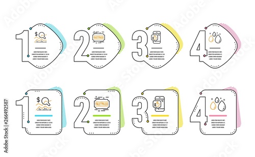 Check investment, Mobile like and Fastpass icons simple set. Water drop sign. Business report, Phone thumbs up, Entrance ticket. Aqua. Business set. Infographic timeline. Line check investment icon