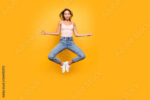 Full length body size view photo lovely beautiful stylish lady train trendy inspiration dream dreamy silent serenity tranquility close eyes satisfied summer clothing isolated colorful background