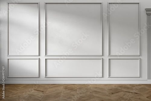 Modern classic white color empty interior with wall panels, mouldings and wooden floor. 3d render illustration mock up.
