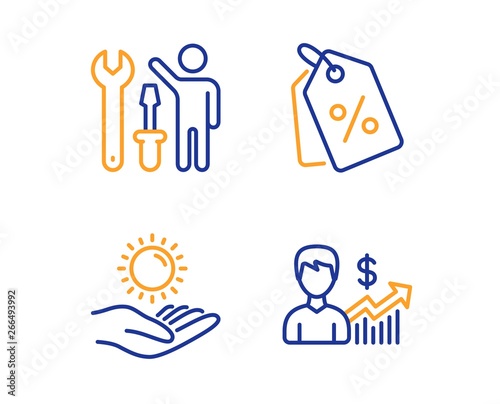 Sun protection, Discount tags and Repairman icons simple set. Business growth sign. Ultraviolet care, Sale coupons, Repair screwdriver. Earnings results. Business set. Linear sun protection icon