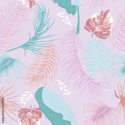Tropical jungle pink palm leaves seamless pattern, vector