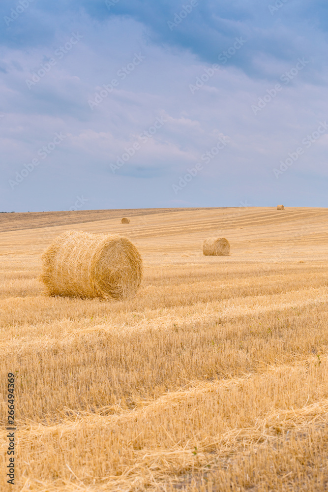 Fototapeta premium Hay bales under a cloudy sunset sky on a harvested wheat field.