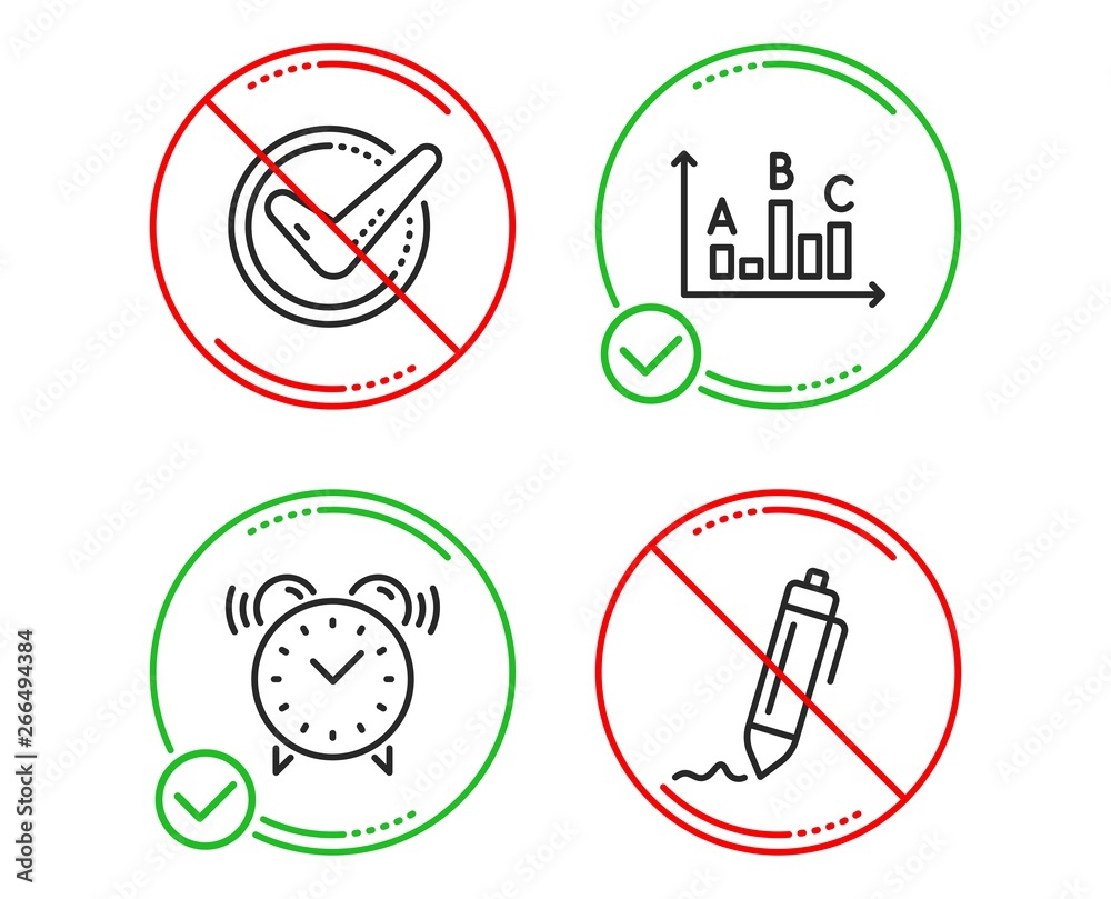 Do or Stop. Alarm clock, Survey results and Confirmed icons simple set. Signature sign. Time, Best answer, Accepted message. Written pen. Business set. Line alarm clock do icon. Prohibited ban stop