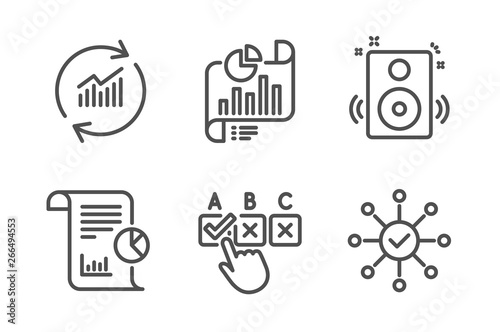 Report, Correct checkbox and Speakers icons simple set. Report document, Update data and Survey check signs. Work analysis, Answer. Education set. Line report icon. Editable stroke. Vector