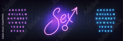 Sex neon sign. Glowing night bright lettering vector sign for adult sex shop advertisement.