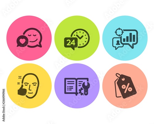Seo statistics, 24h service and Engineering documentation icons simple set. Dating, Healthy face and Discount tags signs. Analytics chart, Call support. Business set. Flat seo statistics icon. Vector