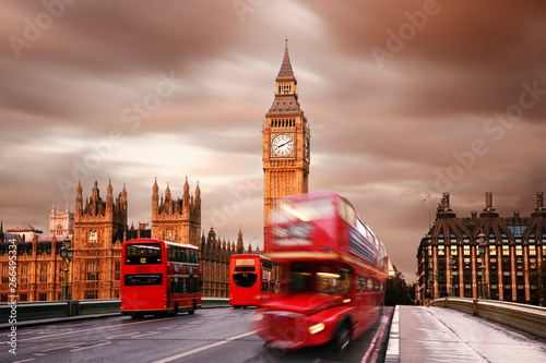 Fototapeta UK - Cities - Scene of Westminster Bridge seen from South Bank, quiet morning double decker bus and fast moving routemaster bus present