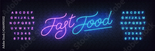 Fast food neon vector template. Glowing night bright lettering sign for Fast food cafe, restaurant, bar.