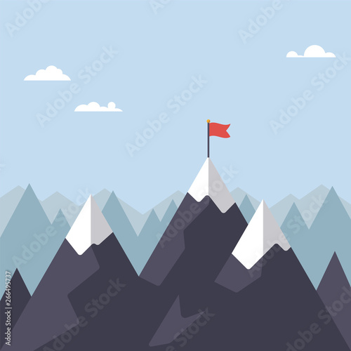 Flag on mountain peak vector illustration
