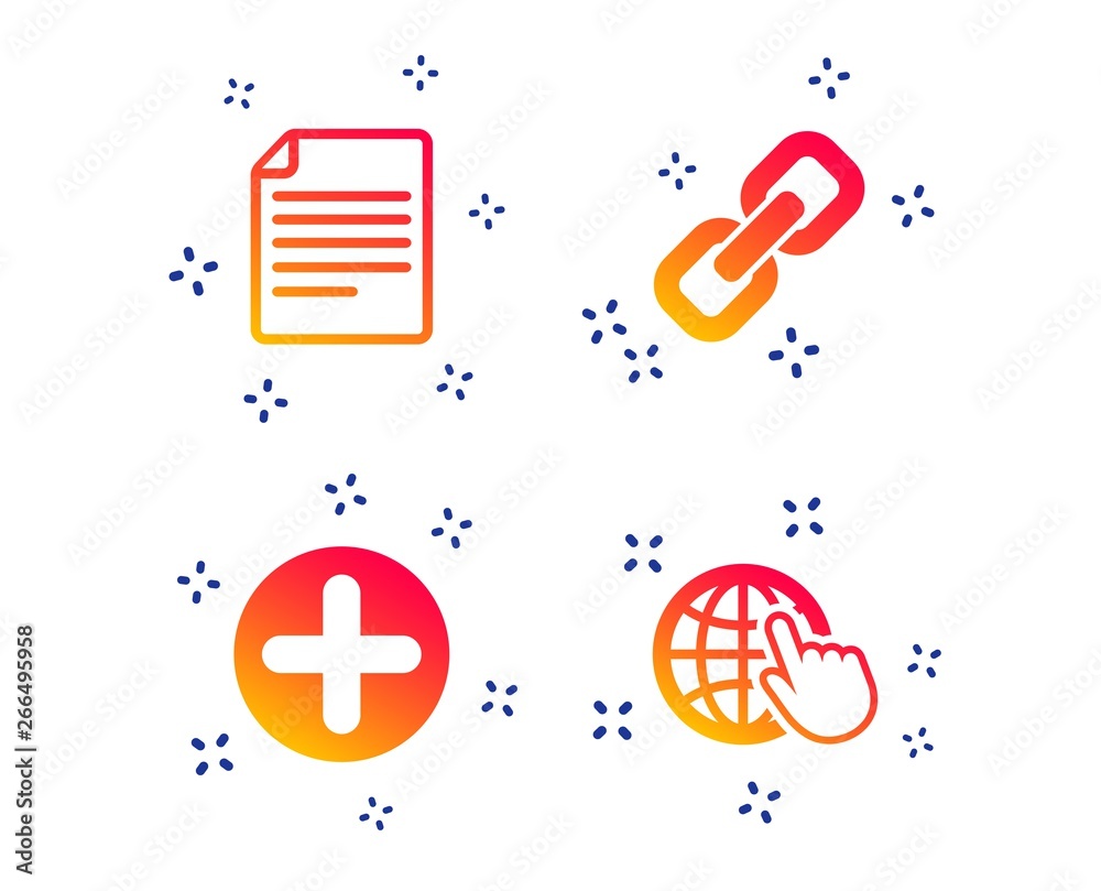 Plus add circle and hyperlink chain icons. Document file and globe with hand pointer sign symbols. Random dynamic shapes. Gradient hyperlink icon. Vector Plus add circle and hyperlink chain icons. Document file and globe with hand pointer sign symbols. Random dynamic shapes. Gradient hyperlink icon. Vector