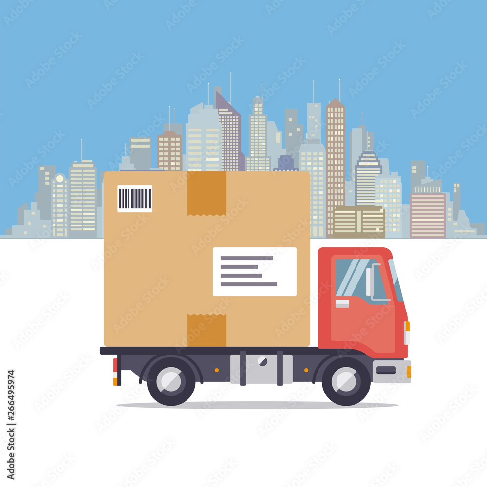 Parcel delivery truck and big city skyline flat design vector illustration