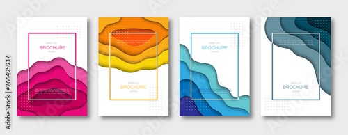 Set of brochure templates, covers, abstract 3d backgrounds with paper cut shapes. A4 size. Vector Illustration.