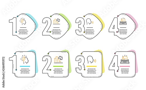 Brainstorming, Decreasing graph and Human sing icons simple set. Typewriter sign. Lightning bolt, Column chart, Talk. Instruction. Education set. Infographic timeline. Line brainstorming icon. Vector